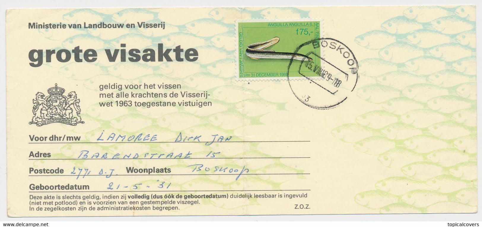 Grote Visakte / Sportvisakte 1989 - Paling F 75,- - Boskoop - Fiscales