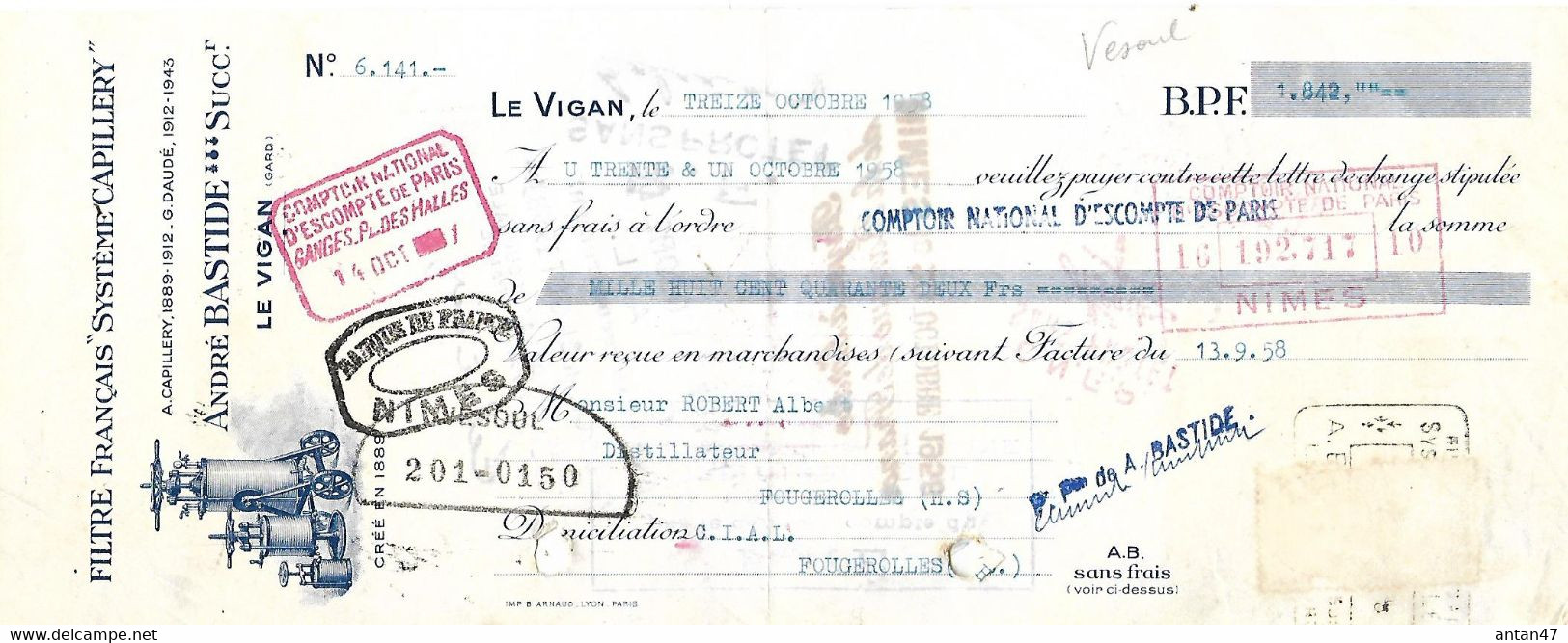 Traite Illustrée 1958 / 30 LE VIGAN / A BASTIDE / Filtre Système CAPILLERY - Lettres De Change