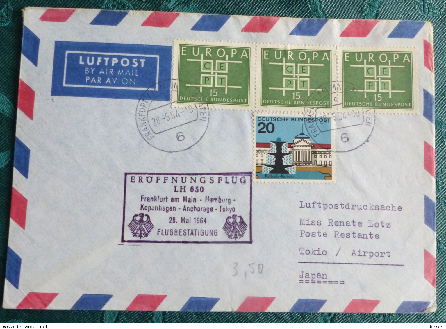 LH  650 Frankfurt Tokio 1964    Air Aviation  First Flight Erstflug   #cover5310 - Aviones