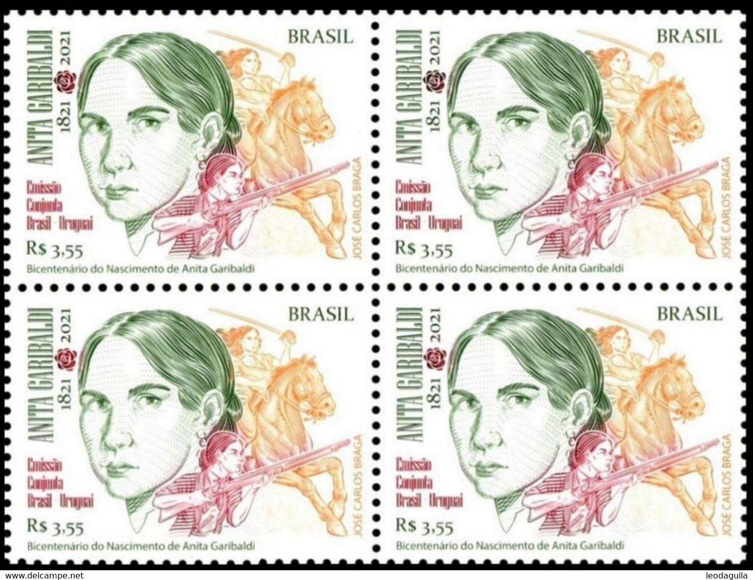 BRAZIL 2021 - ANITA GARIBALDI  - JOINT ISSUE WITH URUGUAY - BLK Of 4  MINT - Unused Stamps