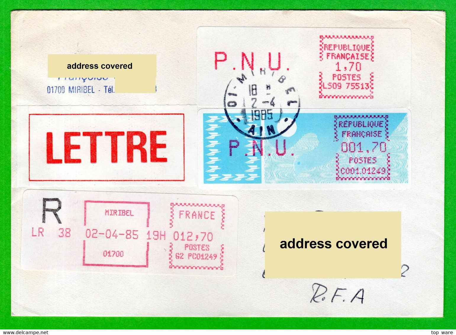 Frankreich France ATM LSA LS09 75513 + C001.01249 Miribel / R-Letter 2.4.1985 / Distributeurs Automatenmarken Etiquetas - 1981-84 Types « LS » & « LSA » (prototypes)