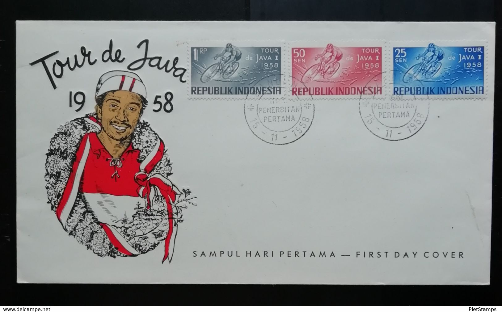 Indonesie 1958 FDC Wielerwedstrijd 'Tour De Java I 1958' (onbeschreven Met Open Klep) - Indonesia