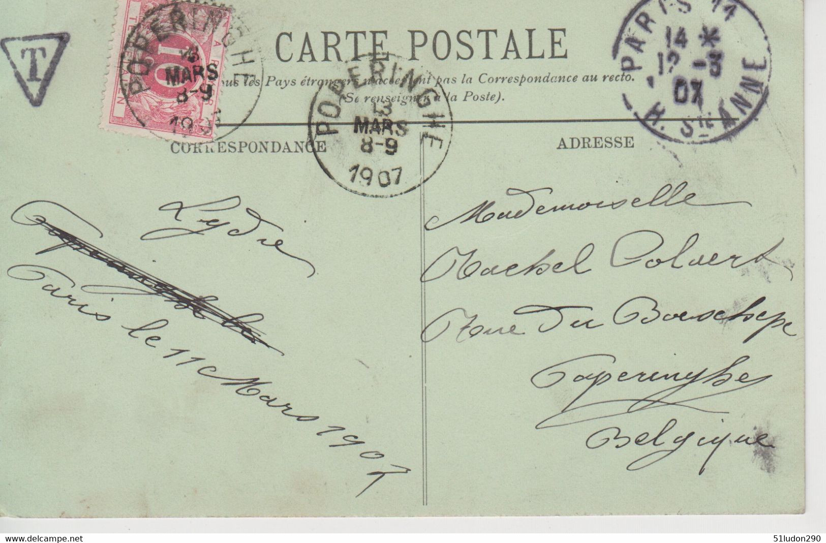 Carte Postale Taxée Avec T Dans Triangle Et Timbre Taxe 10 C A Payer / Te Betalen Cachet De Poperinghe Du 13 Mars 1907 - Altri & Non Classificati