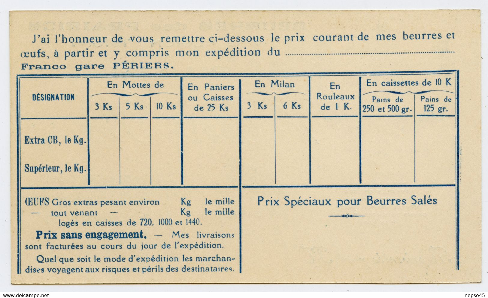 Carte De Visite.Périers Manche.Beurres Des Prairies Région D'Isigny.oeufs En Gros.Vve Charles Boucq.circa 1900. - Tarjetas De Visita