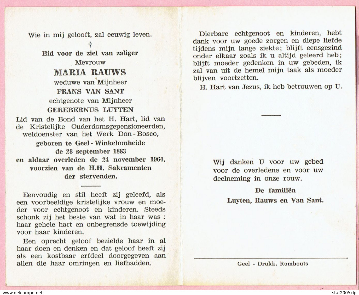 Bidprentje - Maria RAUWS Wed. Frans VAN SANT Echtg. Gerebernus LUYTEN - Geel Winkelomheide 1883 - 1964 - Devotieprenten