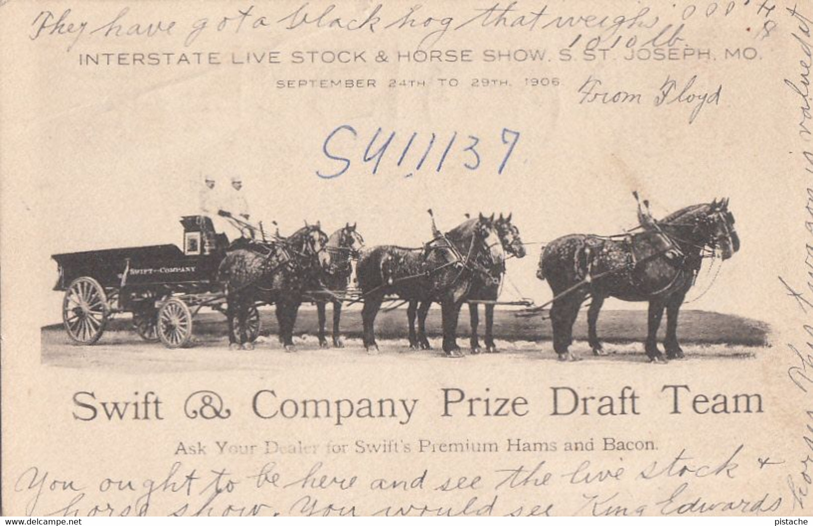 698 – Vintage 1908 B&W PC – St. Joseph MO Missouri Interstate Horse Show – Swift Company – One Folded Corner – 2 Scans - St Joseph