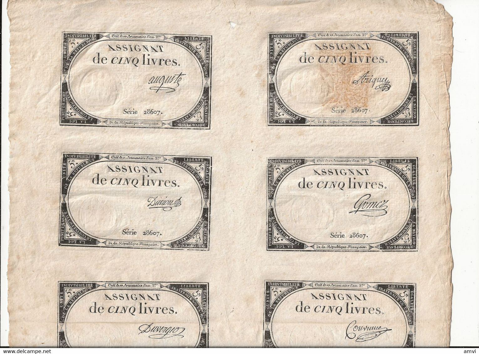 PLANCHE DE 10 ASSIGNATS DE 5 LIVRES , 10 BRUMAIRE DE L'AN II ( Traces Au Dos ) - Assignats