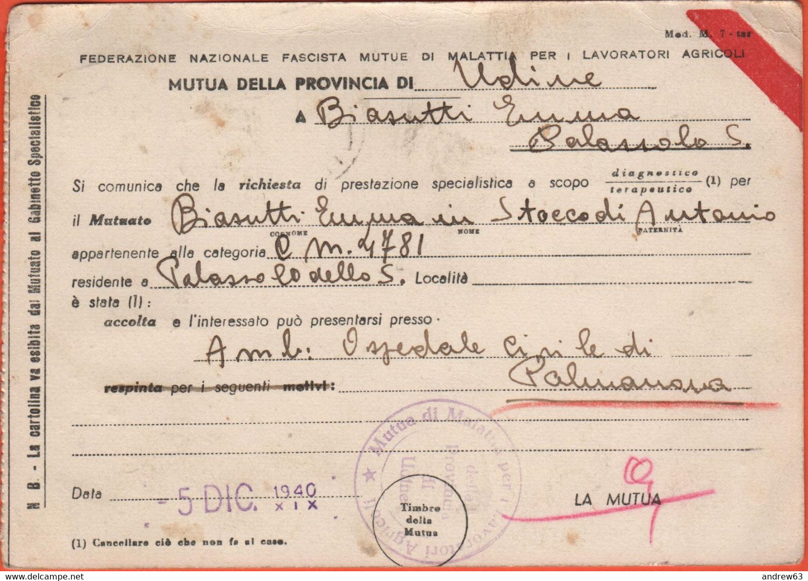 REGNO D'ITALIA - 1940 - 30c - Federazione Nazionale Fascista Mutue Di Malattia Per I Lavoratori Agricoli - Viaggiata Da - Marcophilia