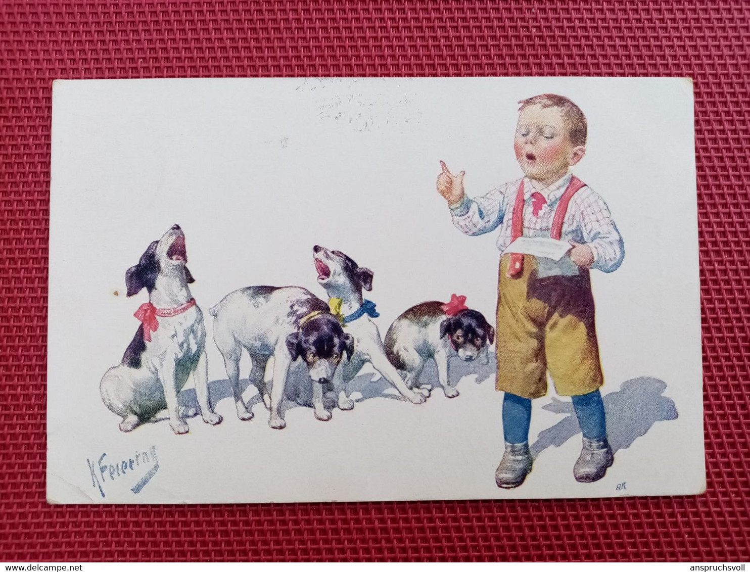 CPA - CHIEN - Illustrateur  Karl FEIERTAG - Enfant Chantant Avec Quatre Chiens - Feiertag, Karl