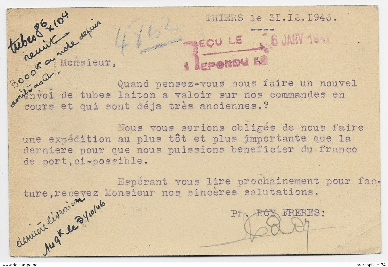 FRANCE MAZELIN 2FR50 SEUL CARTE PRIVEE THIERS 31.12.1946  DERNIER JOUR DUTARIF A 2FR50 - 1945-47 Cérès De Mazelin