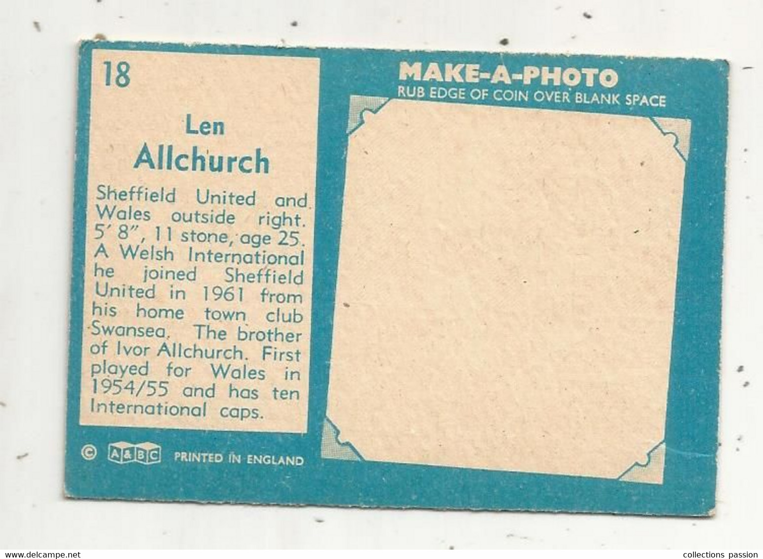 Trading Card , A&BC , England, Chewing Gum, Serie: Make A Photo , Année 60 , N° 18 , LEN ALLCHURCH,  Sheffield United - Trading Cards