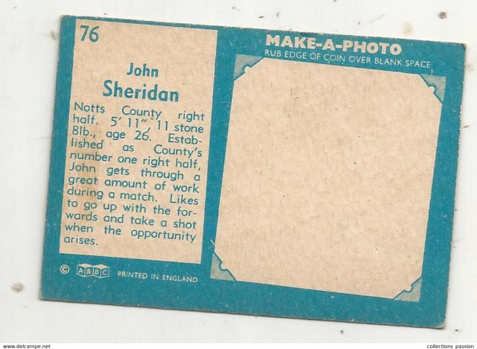 Trading Card , A&BC , England, Chewing Gum, Serie: Make A Photo , Année 60 , N° 76 , JOHN SHERIDAN, Notts County - Trading Cards