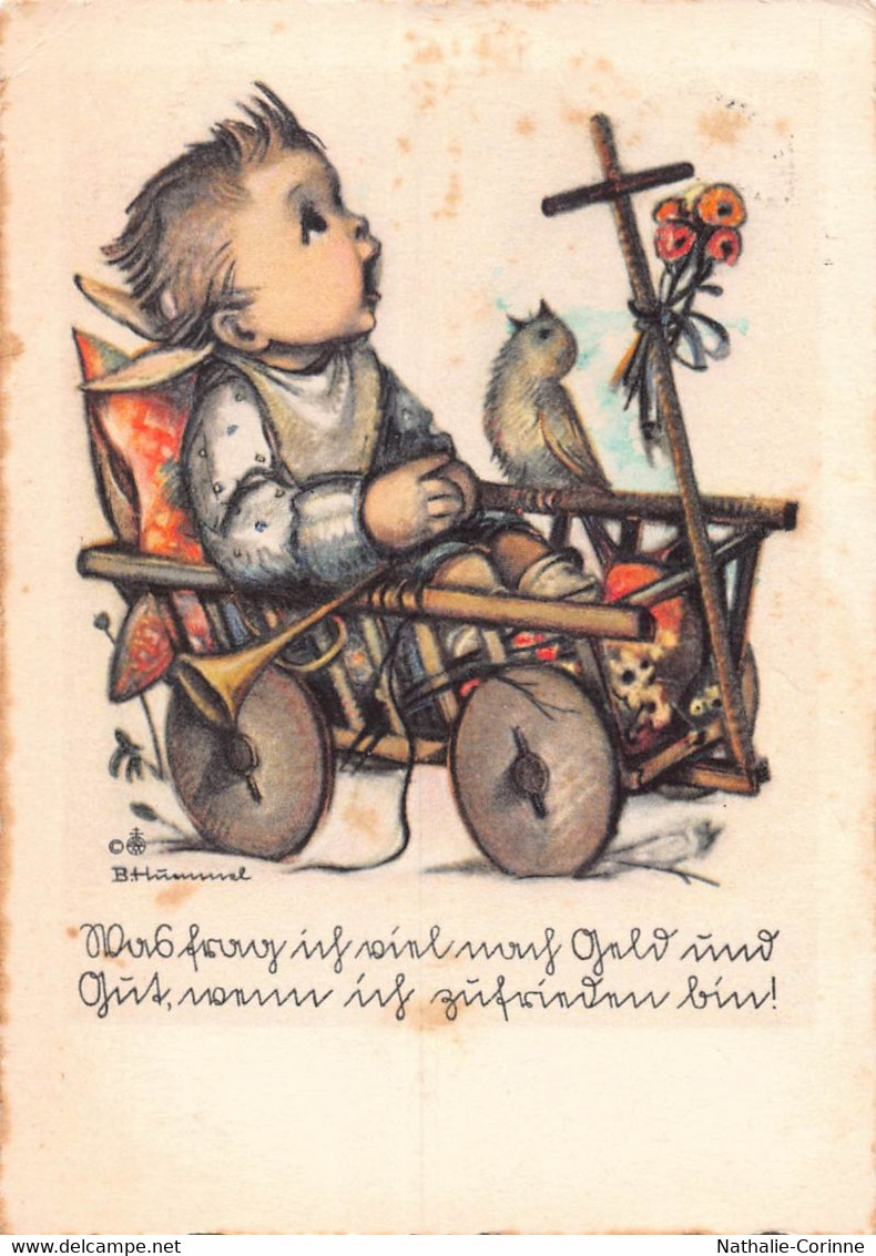 Enfant Et Oiseau, Chant, Trompette, Jouet, Chariot En Bois, Joie - Signé B. Hümmal  (Hummel) - Hummel