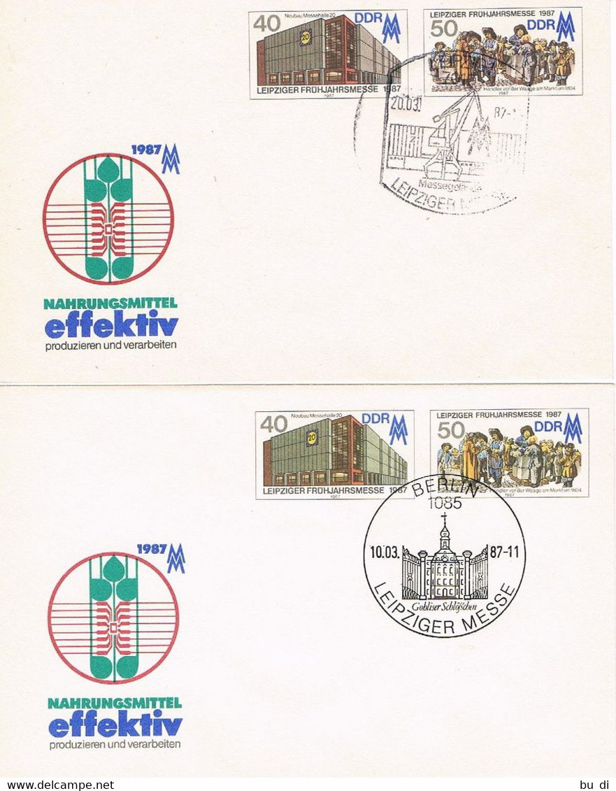DDR 2 FDC Leipziger Messe 1987 - Ganzsachen Mit Versch. Erstagsstempel - Kran, Schloß, Messehalle, Geschichte - Briefomslagen - Gebruikt