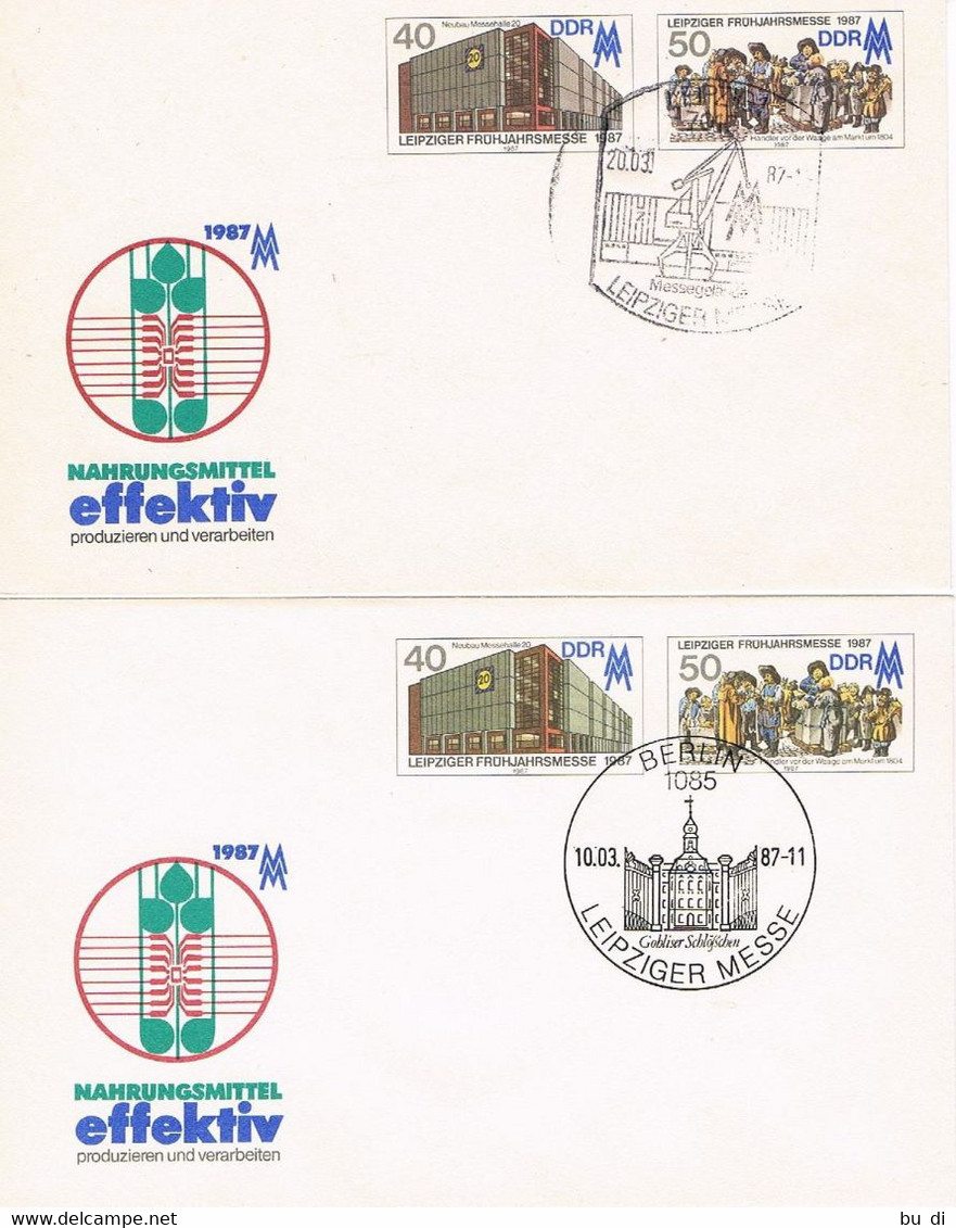 DDR 2 FDC Leipziger Messe 1987 - Ganzsachen Mit Versch. Erstagsstempel - Kran, Schloß, Messehalle, Geschichte - Enveloppes - Oblitérées