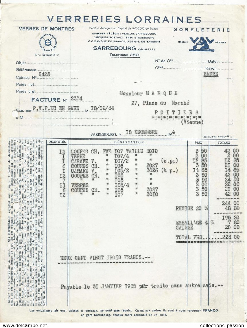 Facture, VERRERIES LORRAINES , SARREBOUG , Moselle, 1934 , Frais Fr 1.75e - 1900 – 1949