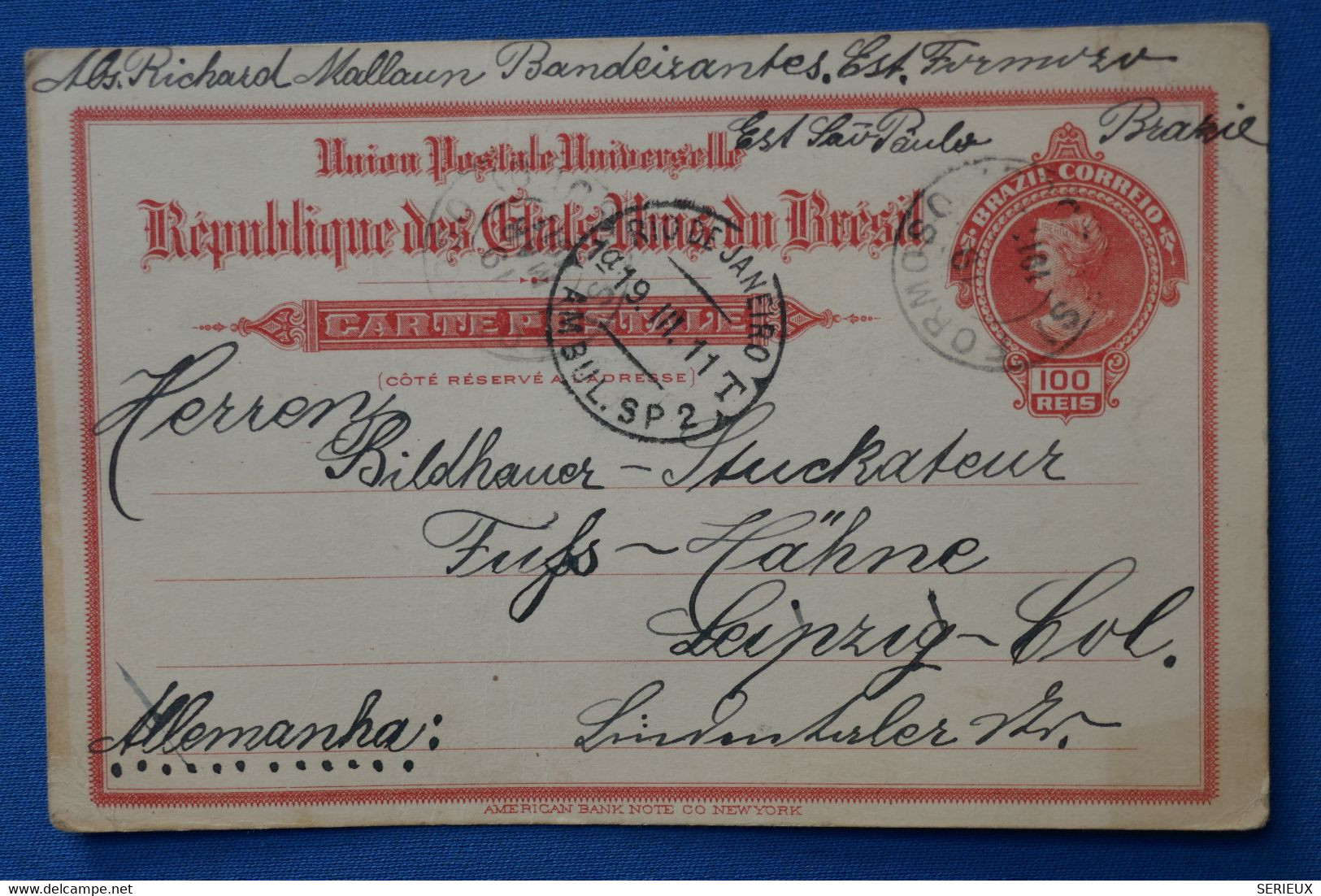 AB9 BRAZIL CARTE    LETTRE 1911  RIO JANEIRO POUR LEIPZIG GERMANY  ++ AFFRANCH.PLAISANT - Briefe U. Dokumente