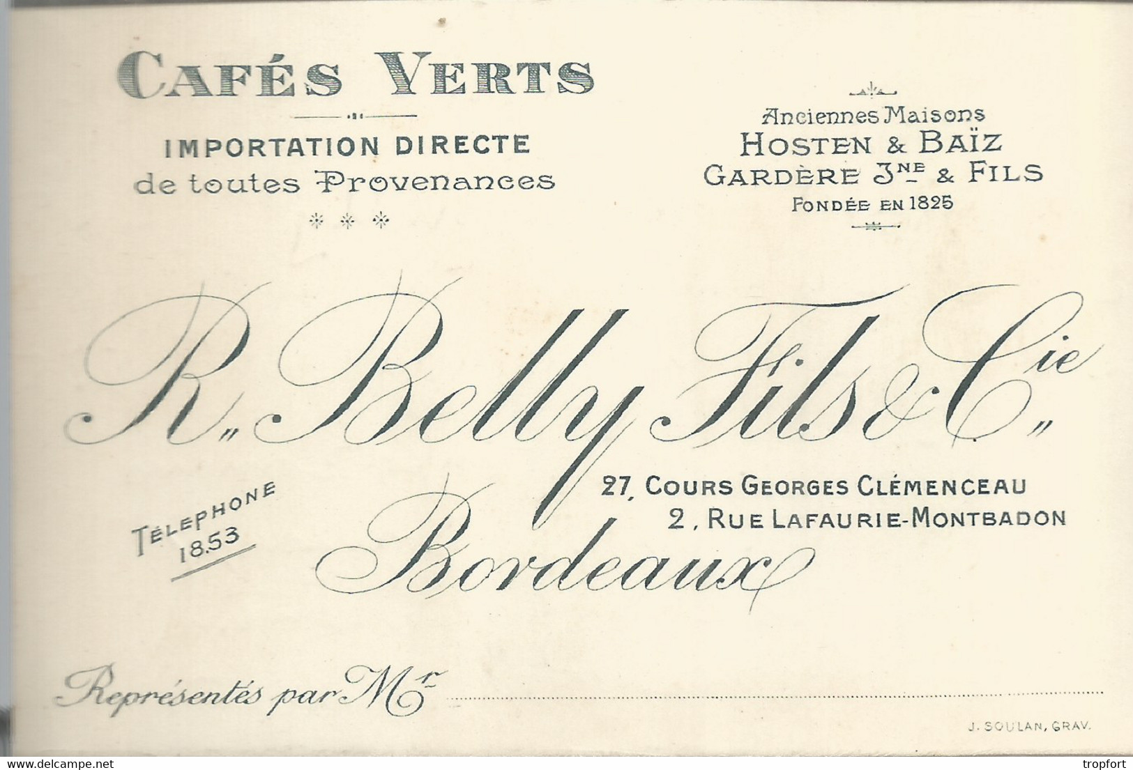 F152 / CDV Carte Publicitaire De Visite PUB Advertising Card / Cafés VERTS BELLY  Et Fils BORDEAUX   Café - Tarjetas De Visita