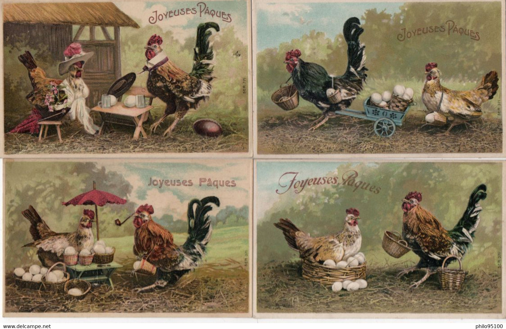 Série N° 371, 6 Cartes Poules Habillés " Joyeuses Pâques" - Animaux Habillés