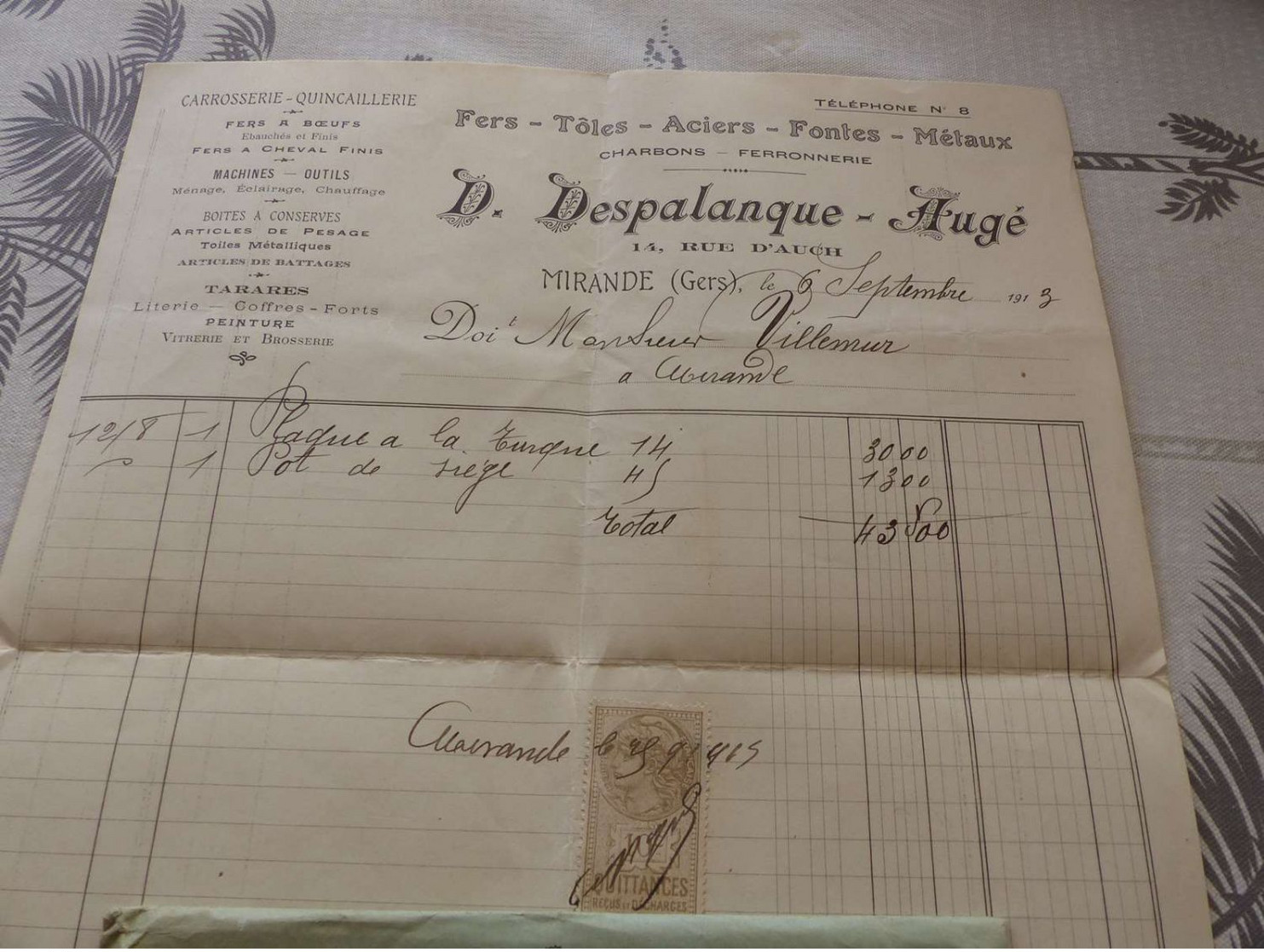 13/9. 30 - Facture Et Enveloppe, Carrosserie, Quincaillerie, Fers, Fontes... D.DESPALANQUE-AUGE, Mirande, Gers, 1913 - Profumeria & Drogheria