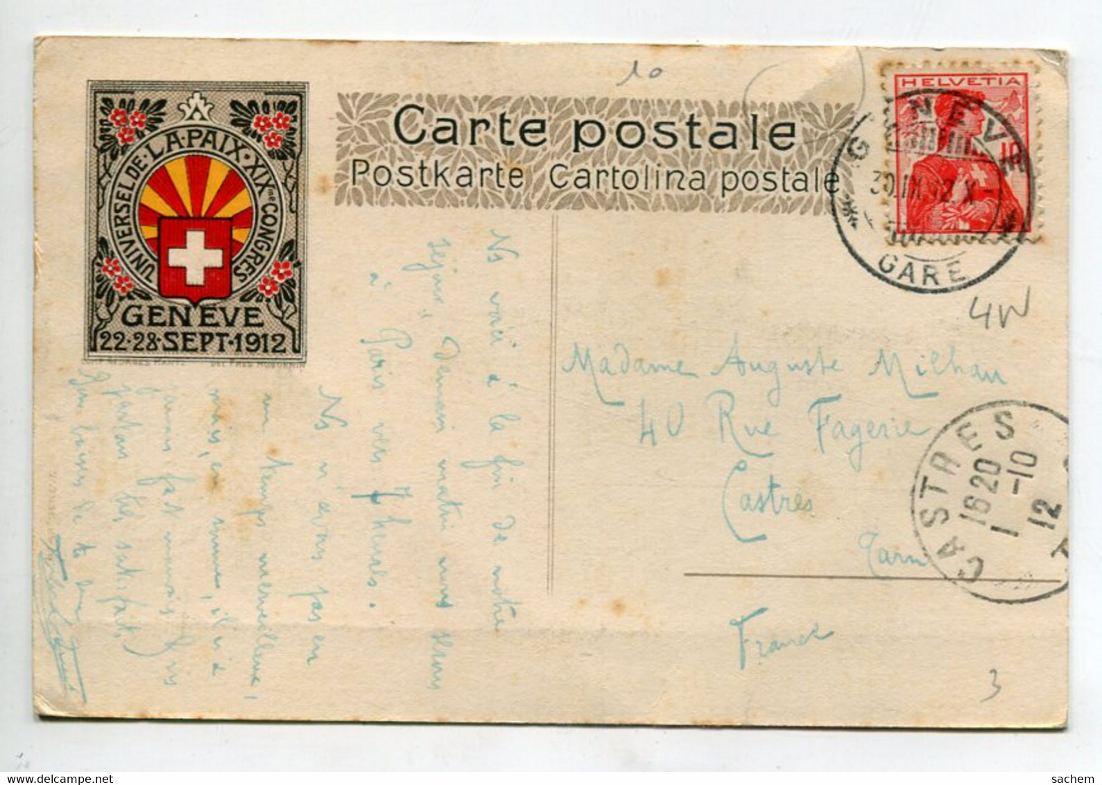 SUISSE GENEVE Vignette Entier Postale XIX Em Congres Universel De La Paix   Sept 1912 -  écrite 1er Octobre  / D17  2021 - Genève