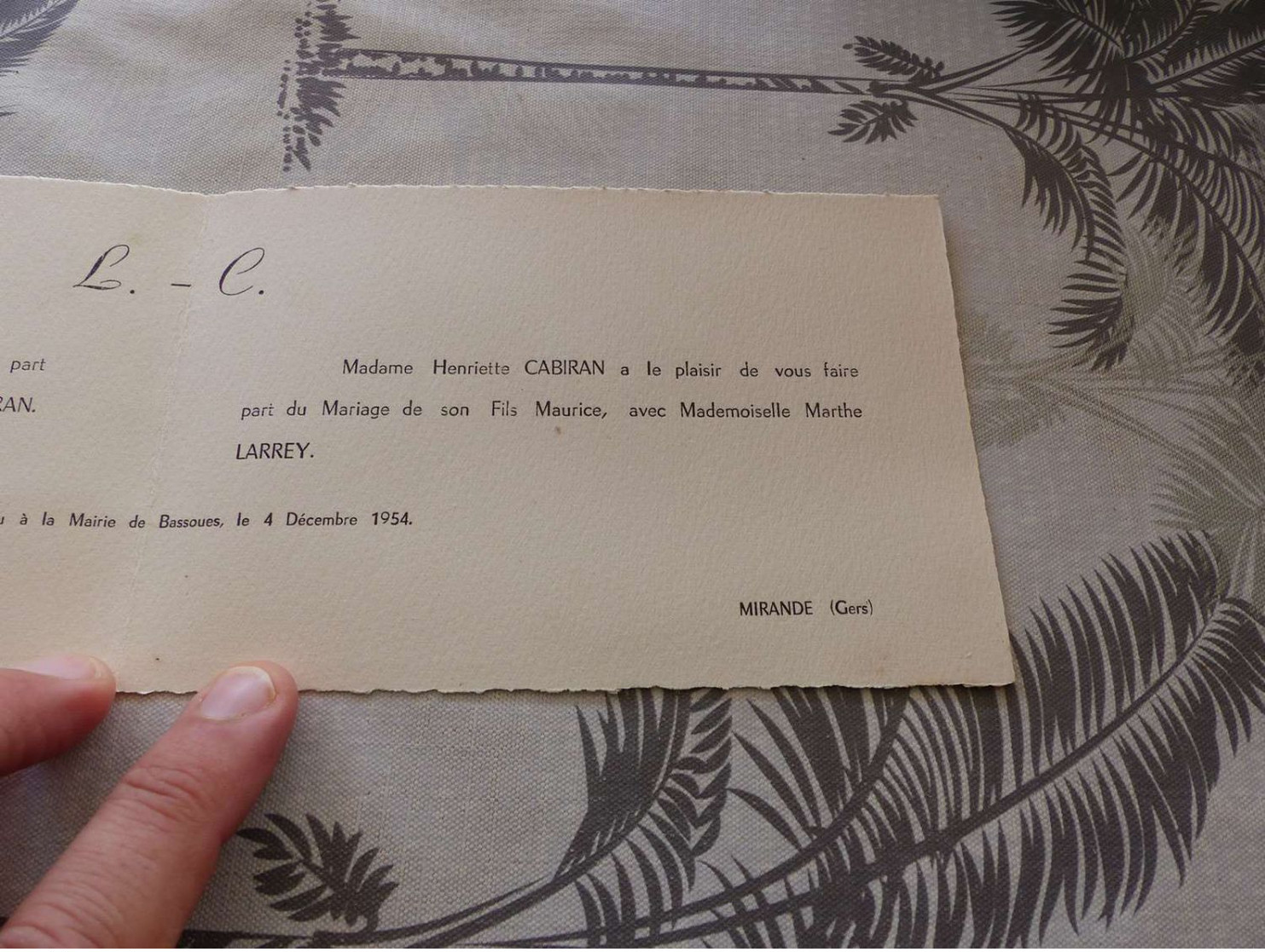 13/9. 60 , Faire-Part De Mariage , Emile Larrey Et Henriette Cabiran, Bassoues Et Mirande, Gers, 1954 - Annunci Di Nozze