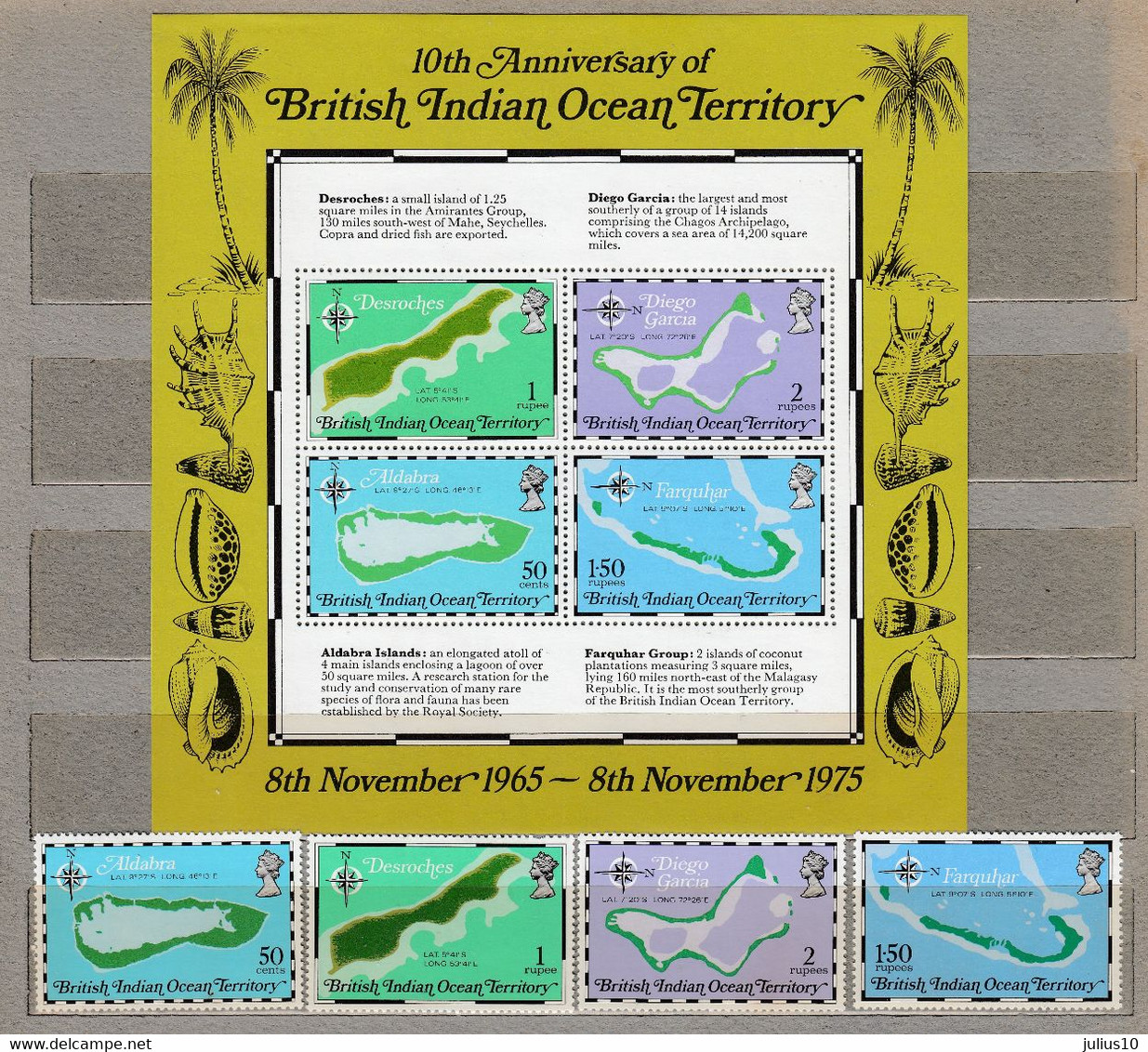 BRITISH INDIAN OCEAN TERRITORY 1975 Islands Maps Shells MNH(**) Mi 82-85, Bl.2 #31370 - Brits Indische Oceaanterritorium