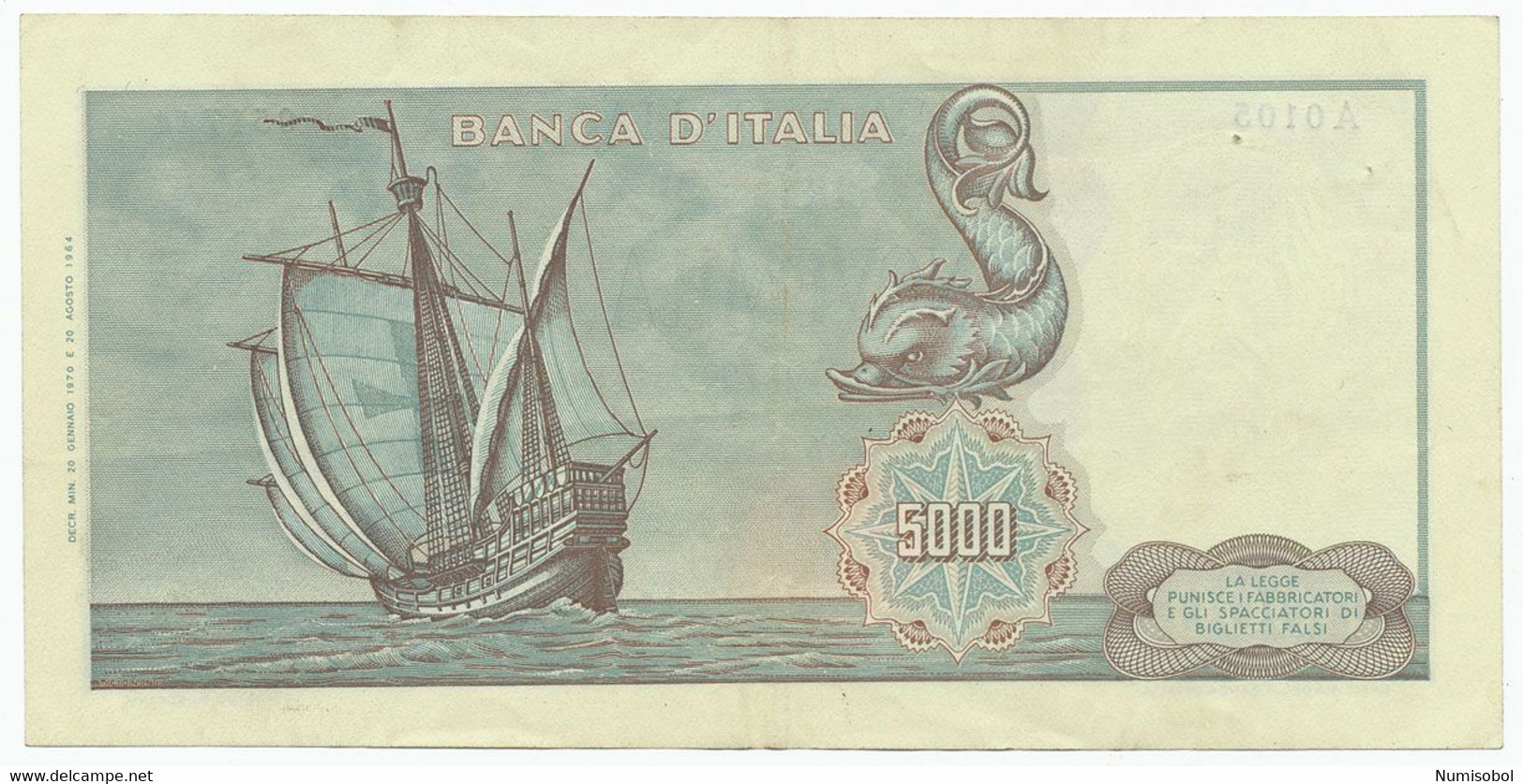 ITALY, ITALIA - 5000 Lire 20. 1. 1970. P98c, XF+ (T059) - 5.000 Lire