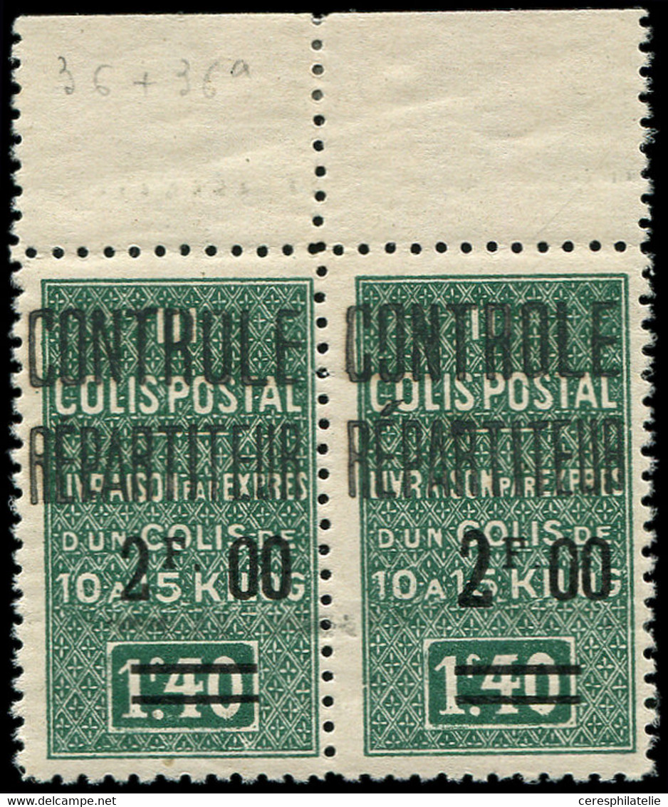 ** ALGERIE -  Colis Postaux 36a : 2f00 Sur 1f40 Vert, GRAND 2 Tenant à Normal, Bdf, TB. C - Paketmarken