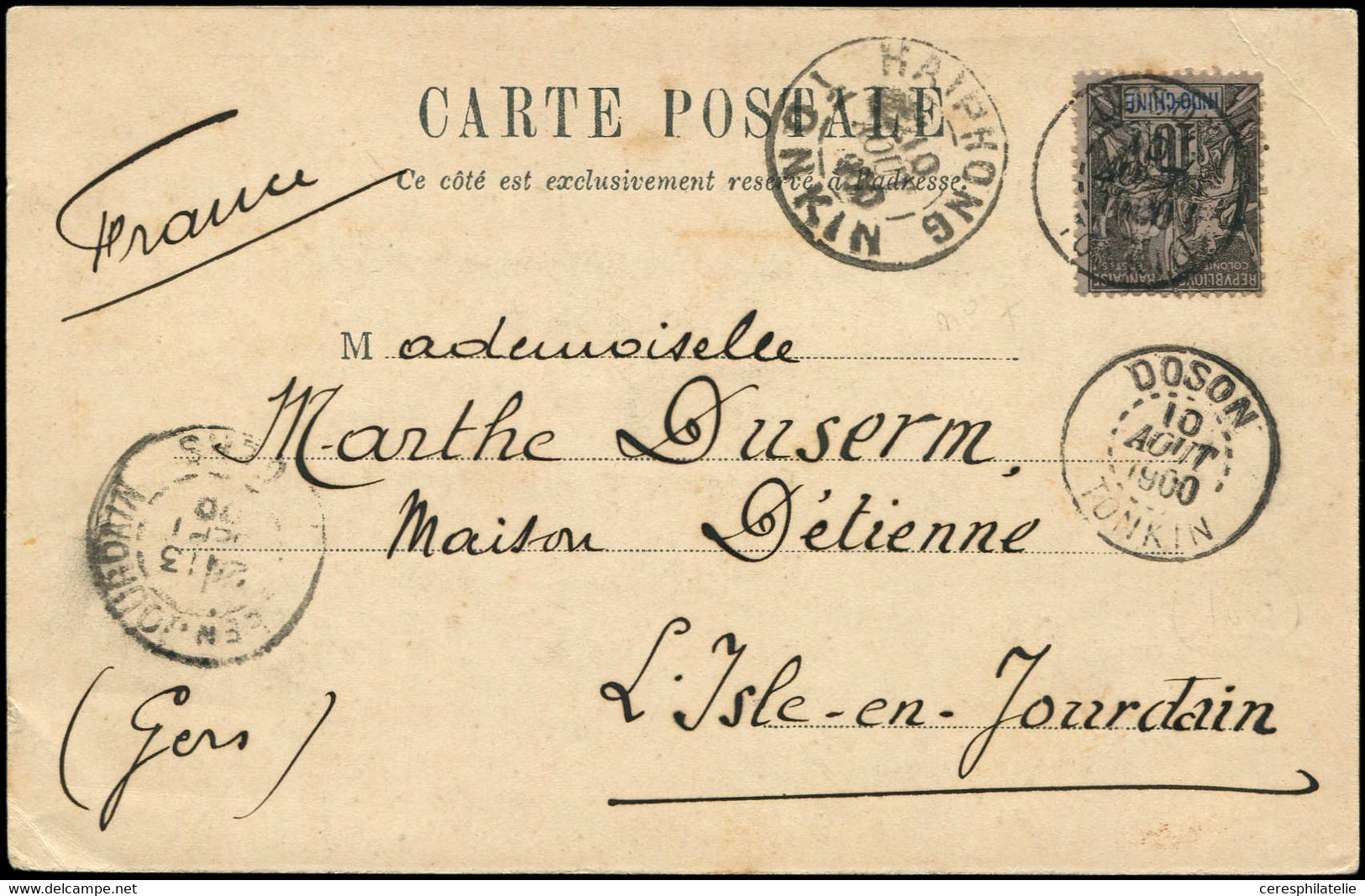 Let INDOCHINE -  7 : 10c. Noir S. Lilas Obl. Càd DOSON TONKIN 10/8/00 S. CP, Càd HAIPHONG 10/8, Arr. L'ISLE En JOURDAIN, - Sonstige & Ohne Zuordnung