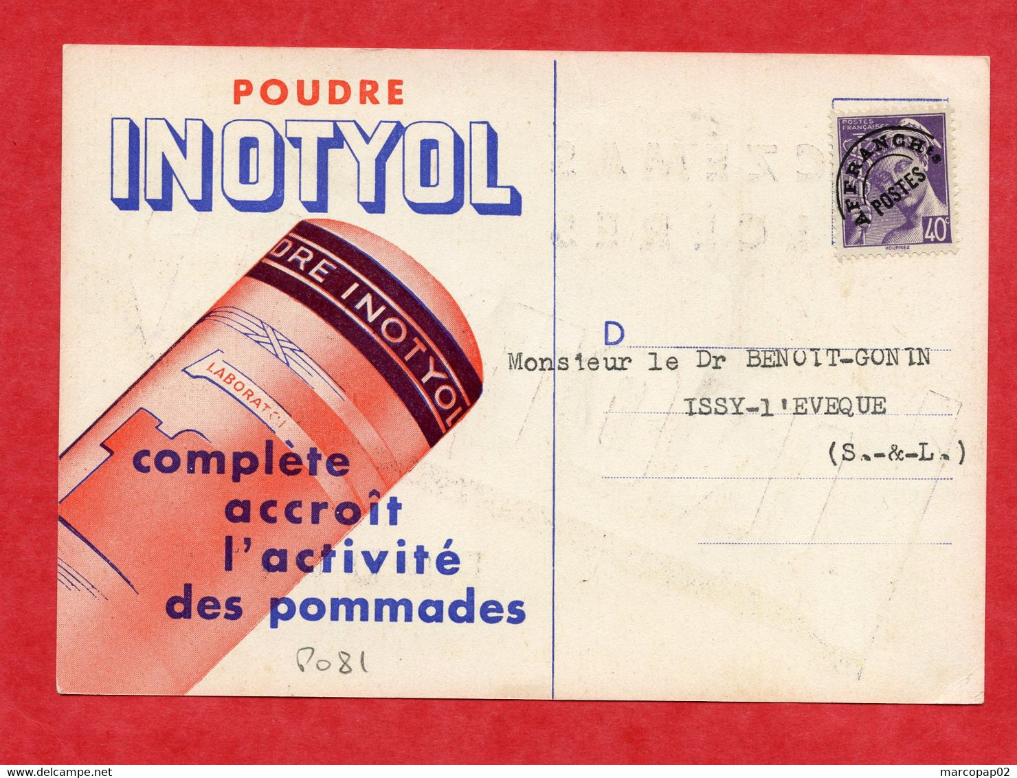 MAURY N° 83:  MERCURE 40c S/avis Pub Medicale INOTYOL - Imp.en Nombre 20gr- Tarif 5/01/1942 - 1893-1947