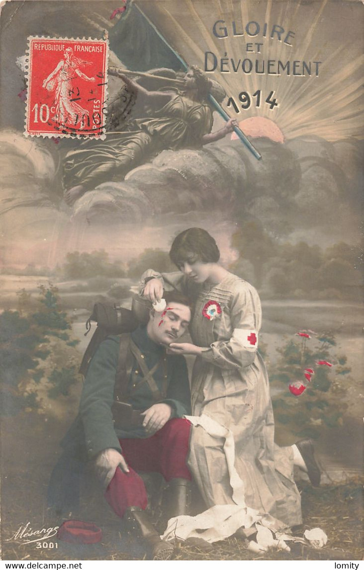 Guerre 1914 1918 Cpa Carte Patriotique Gloire Et Dévouement 1914 Infirmière Croix Rouge Soldat Cachet 1914 - Weltkrieg 1914-18