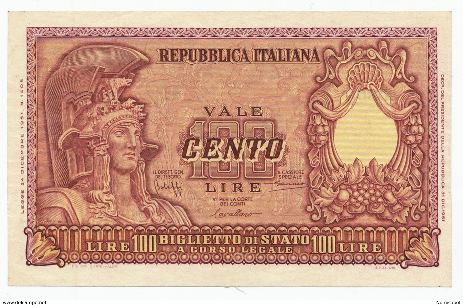 ITALY, ITALIA - 100 Lire 31. 12. 1951. P92 (T041) - 100 Liras