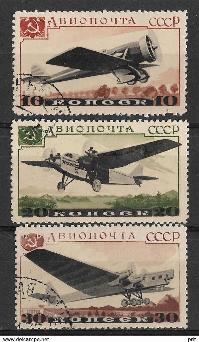 USSR, Russia 1937 10K 20K 30K Planes. Air Post Stamps. Michel 571-573/Scott C69-C71. Used - Usados