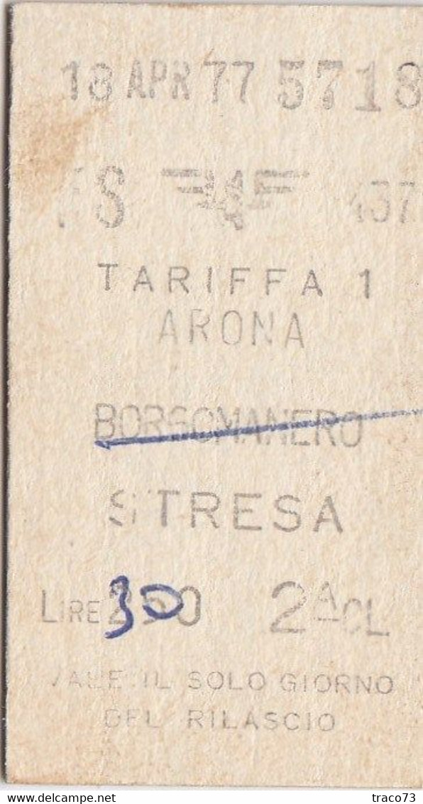 ARONA  /  STRESA - Biglietto Di 2^ Classe _ 1977 - Europa