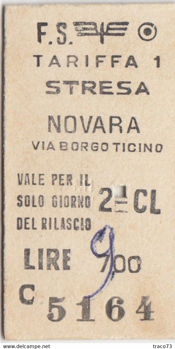 STRESA  /  NOVARA - Biglietto Di 2^ Classe _ 1977 - Europe
