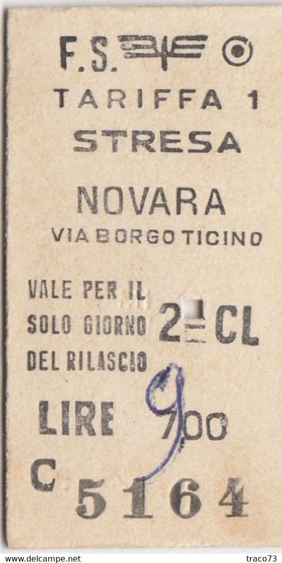 STRESA  /  NOVARA - Biglietto Di 2^ Classe _ 1977 - Europa