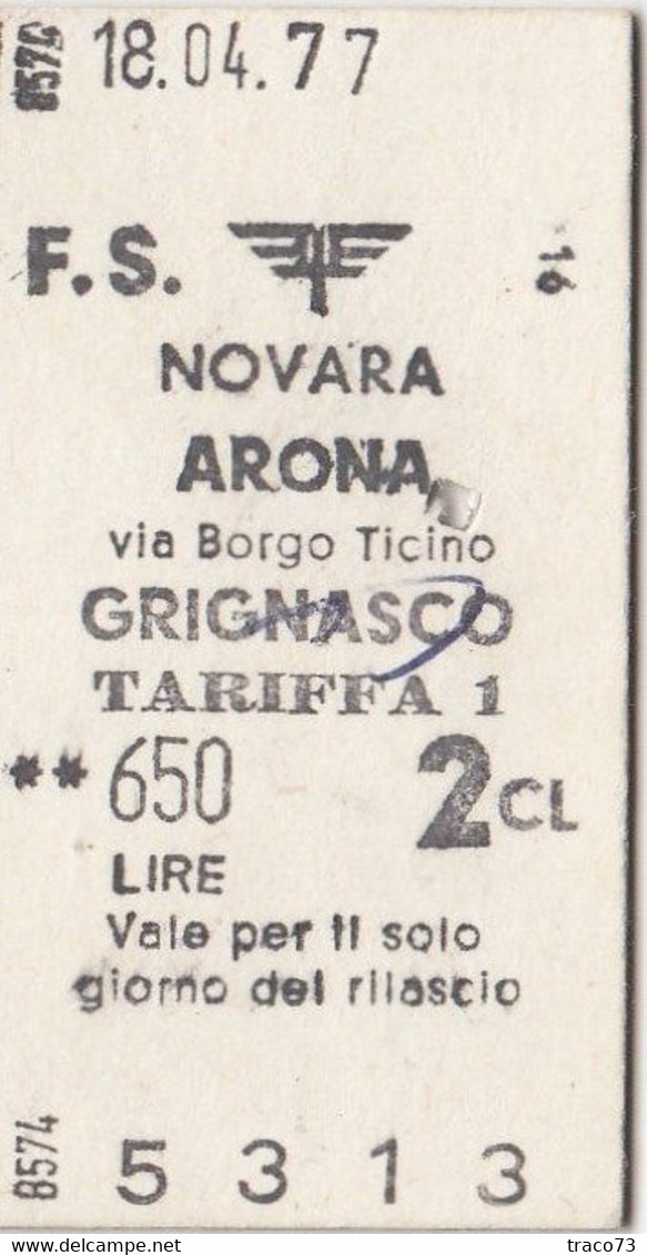 NOVARA  /  ARONA  - Biglietto Di 2^ Classe _ 1977 - Europa