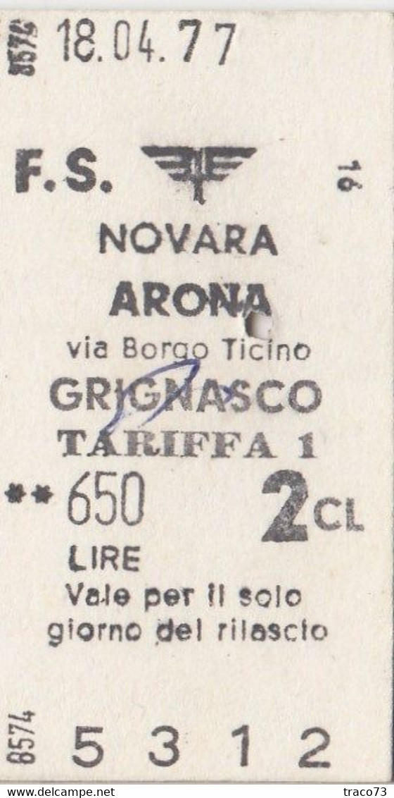 NOVARA  /  ARONA  - Biglietto Di 2^ Classe _ 1977 - Europa