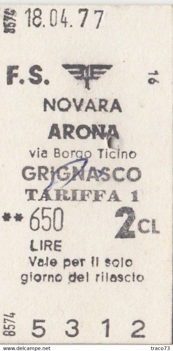 NOVARA  /  ARONA  - Biglietto Di 2^ Classe _ 1977 - Europe