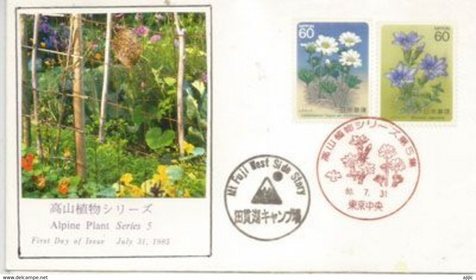 Gentianes, Fleurs Des Alpes Japonaises.Oblit. MT FUIJI West Side.Asagiri Plateau,Mt Fuji,Fujinomiya,Shizuoka Prefecture - Brieven En Documenten