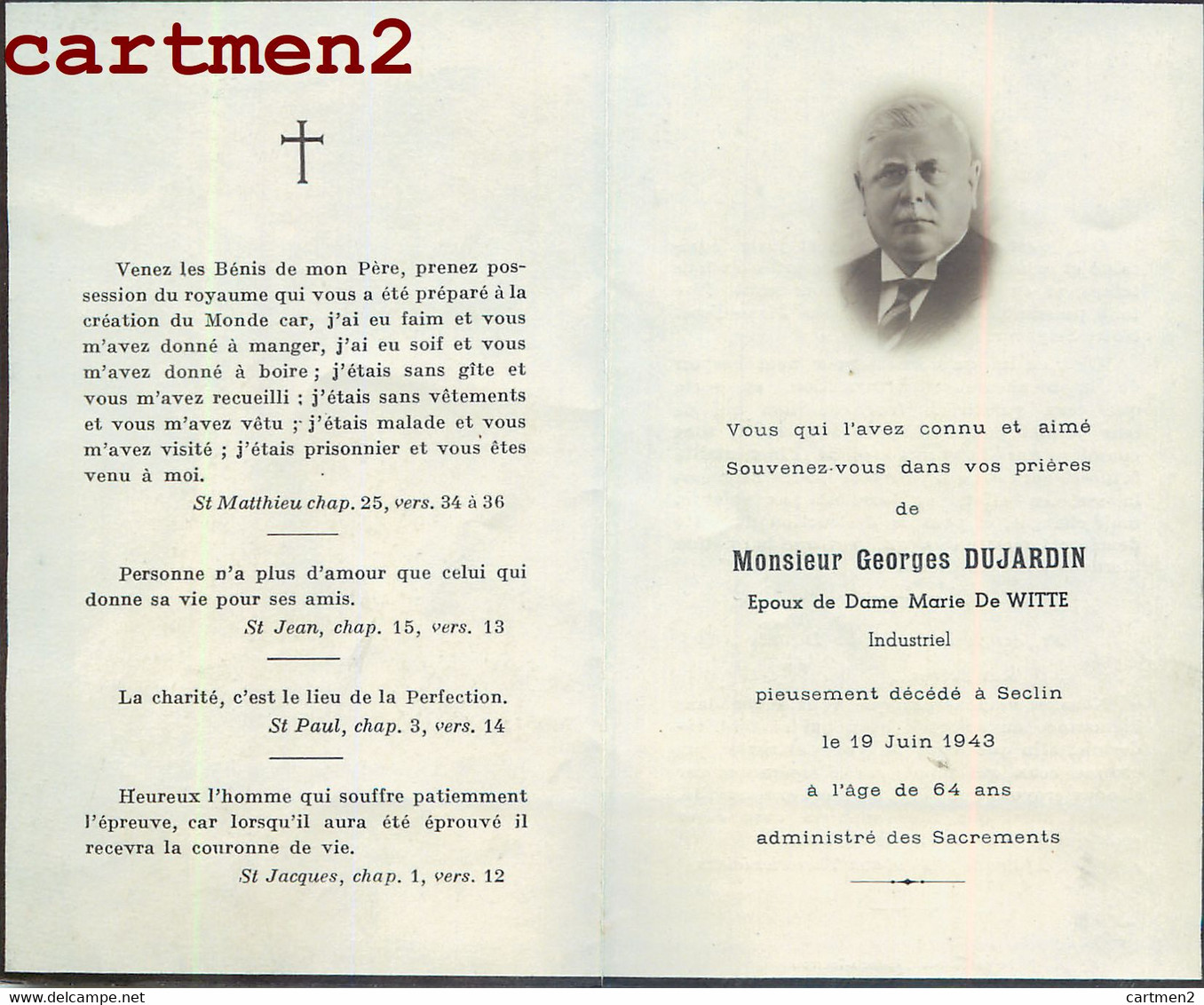 FAIRE-PART DE DECES SECLIN GEORGE DUJARDIN INDUSTRIEL RELIGION 59 NORD - Seclin