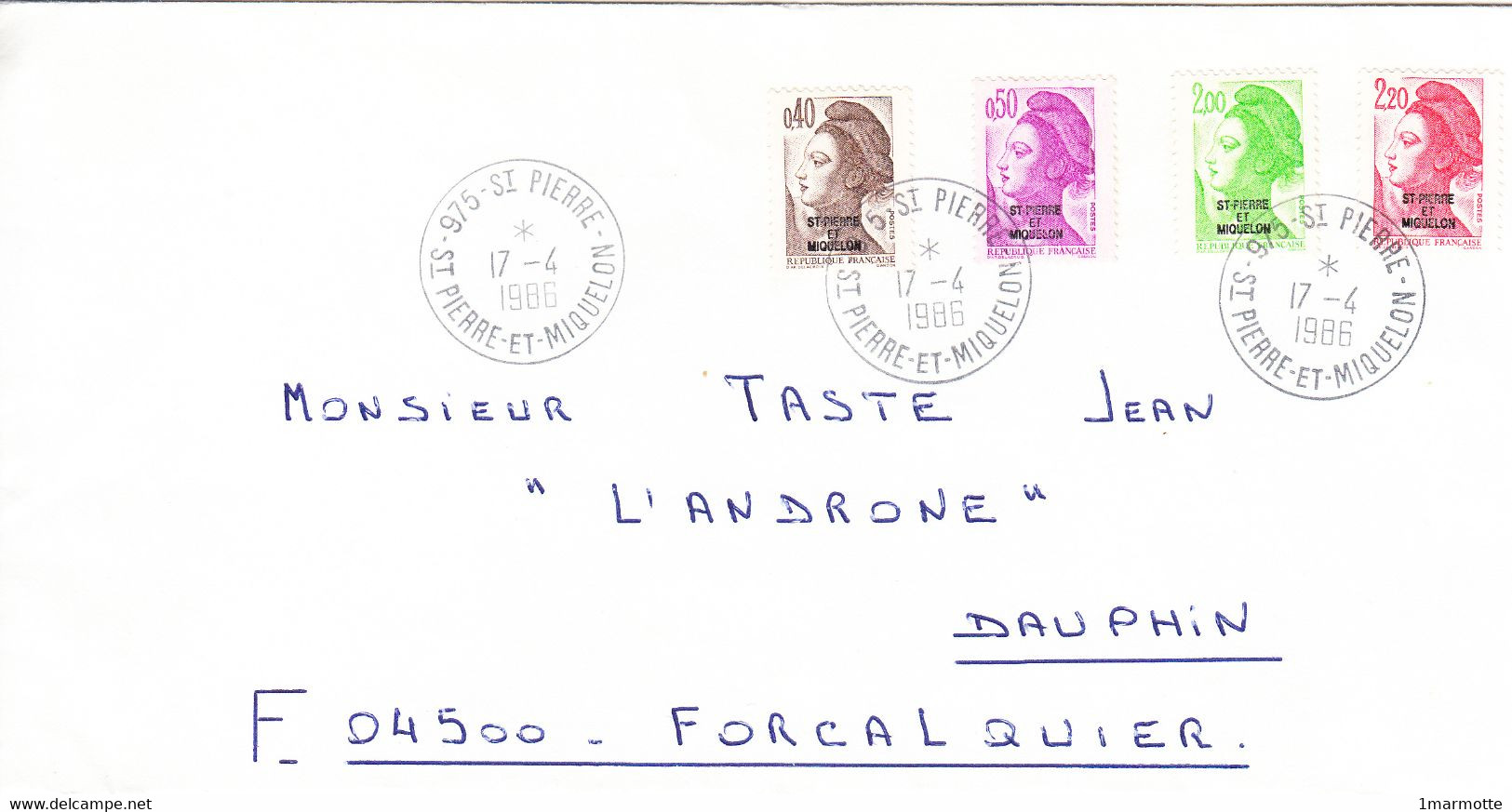SPM - Enveloppe Avec Liberté De Gandon Surchargée Saint Pierre Et Miquelon - 0,40F, 0,50F, 2,00F, 2,20F - Ayant Circulé. - Covers & Documents