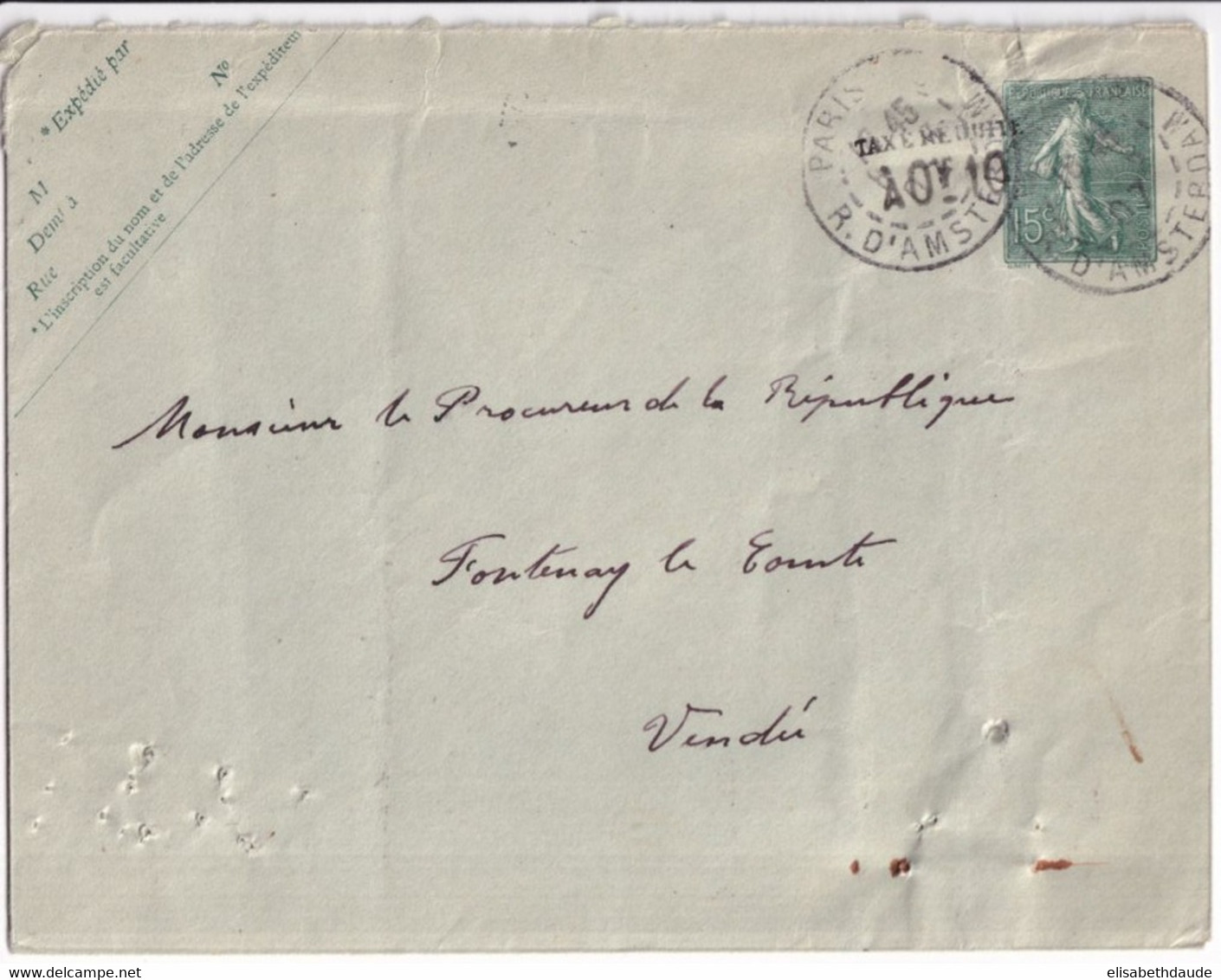 1907 - SEMEUSE LIGNEE - VARIETE SURCHARGE TAXE REDUITE HORS EFFIGIE ! Sur ENVELOPPE ENTIER De PARIS - Lettres & Documents