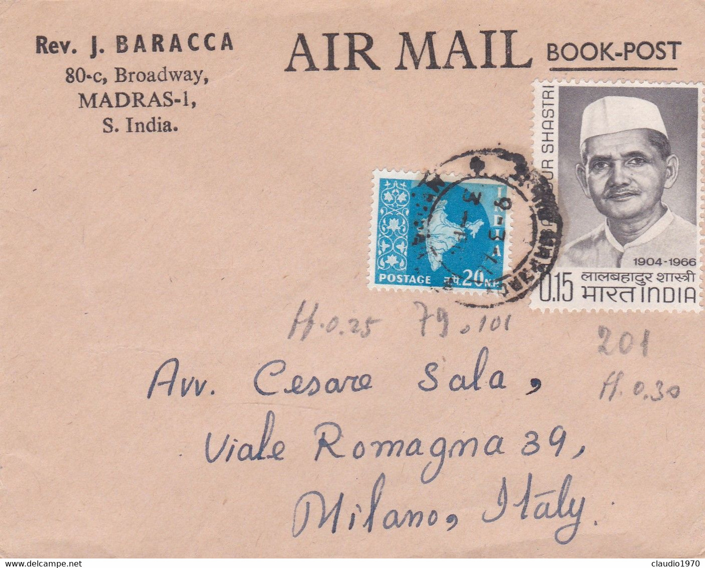 INDIA  - MADRAS - REV. J. BARACCA - BUSTA VIAGGIATA AIR MAIL - BOOK-POST - VG. PER MILANO - ITALY - Briefe U. Dokumente