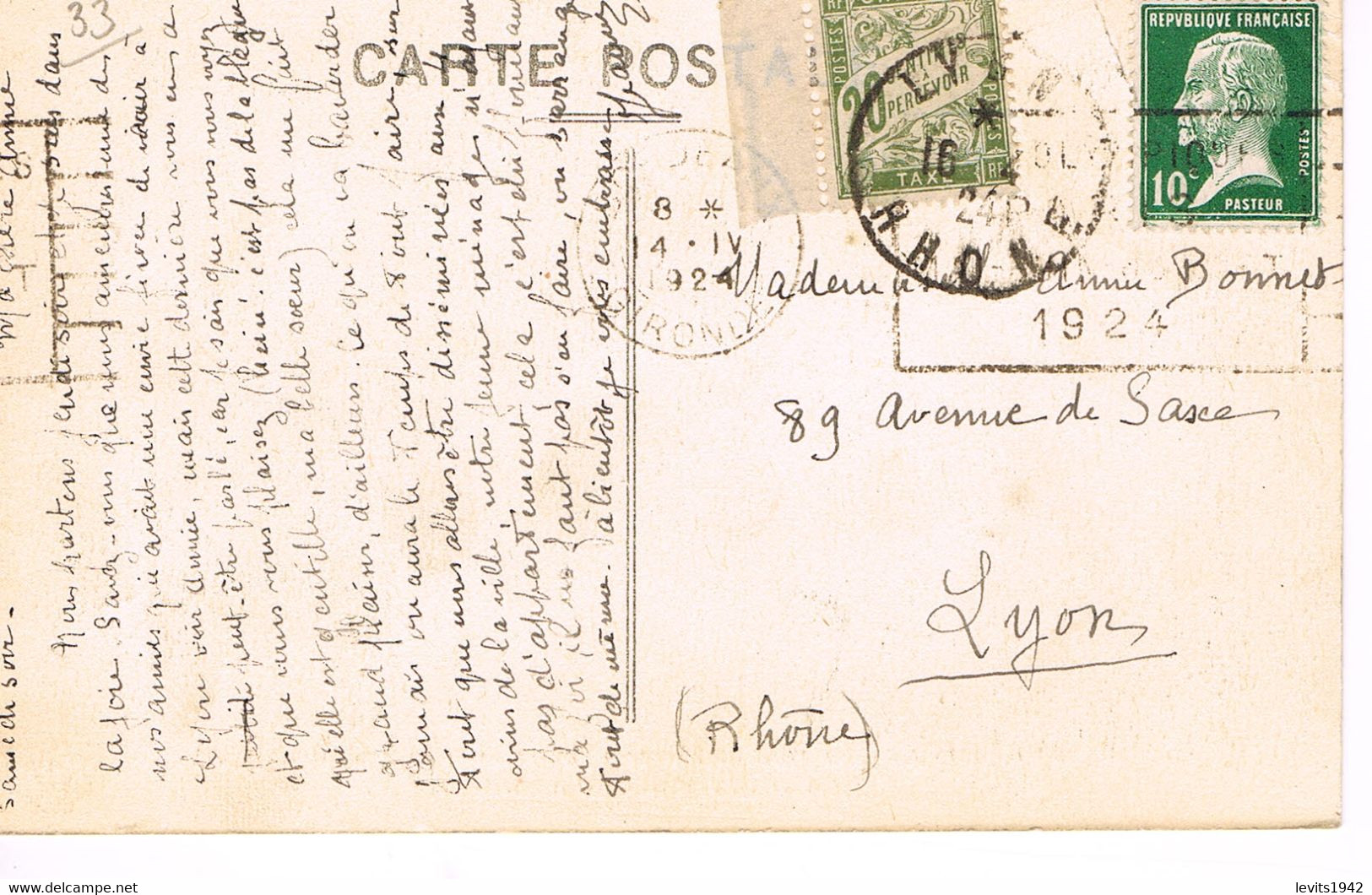 MARQUE POSTALE -  JEUX OLYMPIQUES 1924 - BORDEAUX - 14-04-1924 - PASTEUR + TIMBRE TAXE - - Verano 1924: Paris