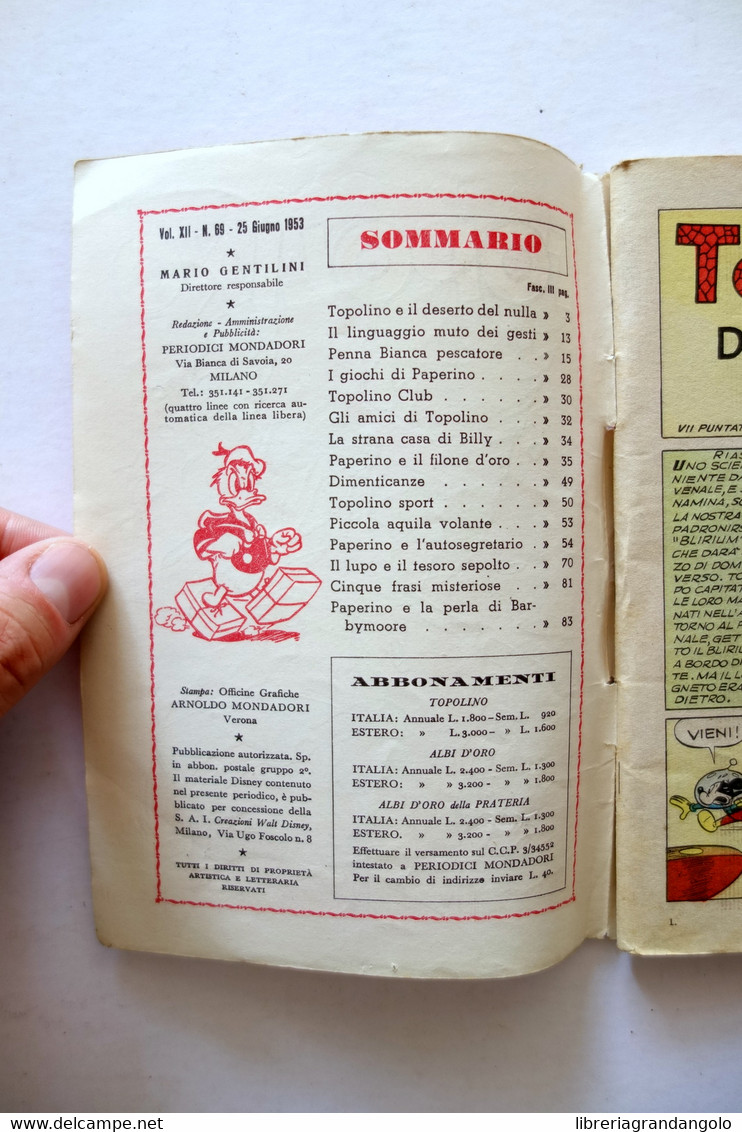 Topolino Walt Disney Vol. XII Numero 69 25 Giugno 1953 Bollino - Sonstige & Ohne Zuordnung