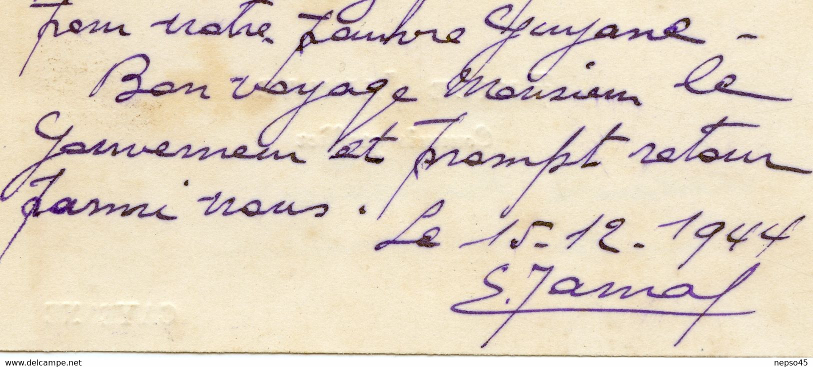 Carte De Visite.Emile Jarnac Commis Greffier Cayenne Croix Du Combattant écrivant Au Gouverneur De Guyane.1944. - Other & Unclassified