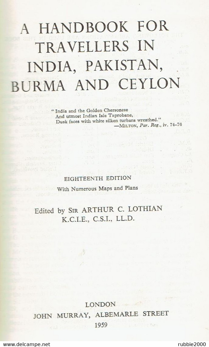 MURRAY S HANDBOOK INDIA PAKISTAN BURMA AND CEYLON 1959 GUIDE DE VOYAGE INDE PAKISTAN BIRMANIE CEYLAN - Asiatica