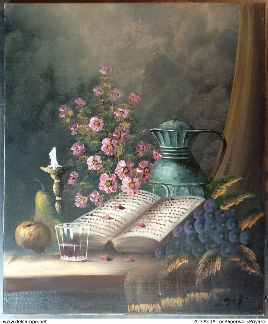 Nature Morte : Livre Ouvert, Verre à Boire, Pomme/ Still Life: Opened Book, Drinking Glass, Apple, Candle, Jug, Flowers - Huiles